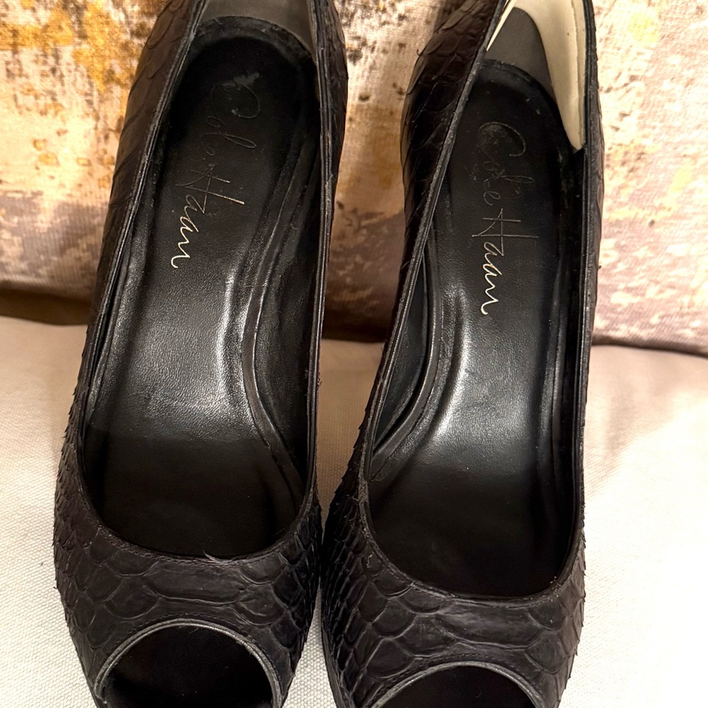 Cole Haan Black Textured Peep-Toe Heels